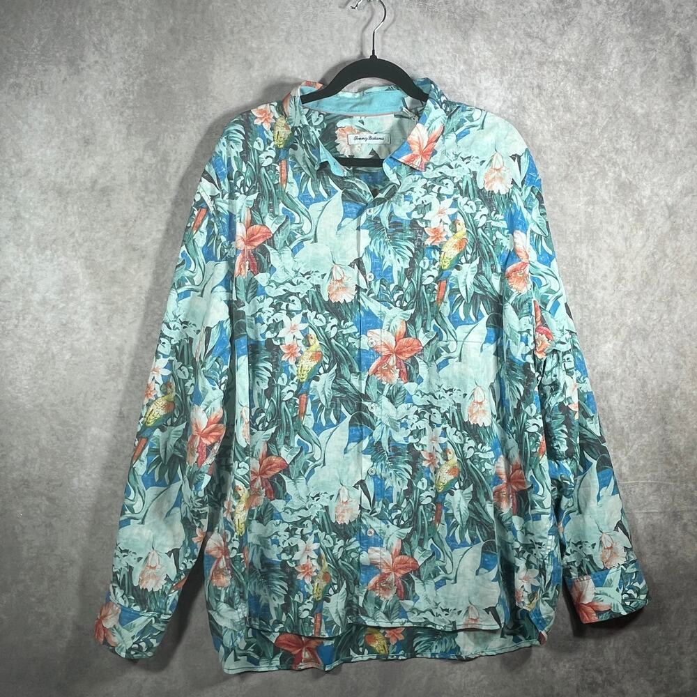 Tommy Bahama Island Zone Camp Shirt Mens 2XL Green Tropical Leaf Print Vacation